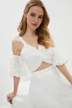 Coast Crochet Lace Puff Sleeve Tie Shoulder Top