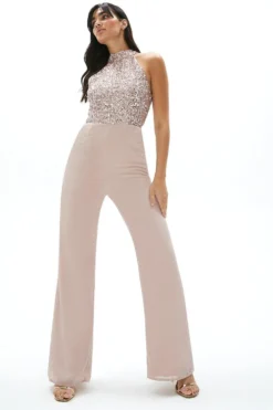 Coast Sequin Bodice Halter Neck Wide Leg Jumpsuit