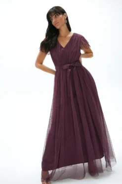 Coast Tulle V-Neck Tie Belt Bridesmaid Maxi Dress