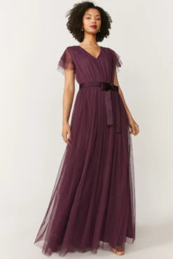 Coast Tulle V-Neck Tie Belt Maxi Dress