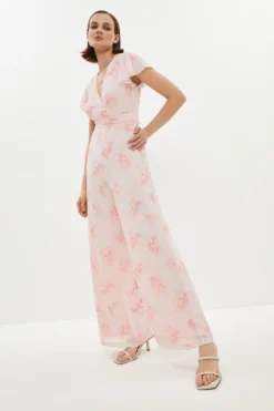 Coast Printed Wrap Flute Sleeve Wide Leg Jumpsuit