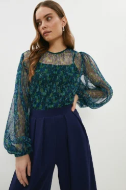 Coast Pleated Mesh Long Sleeve Top