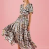 Coast Tiered Metallic Maxi Puff Sleeve Dress