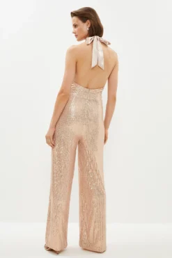 Coast Sequin Halterneck Wide Leg Jumpsuit -Coast Shop bcc02220 champagne xl 2