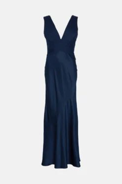 Coast Crinkle Chiffon V Neck Satin Maxi Dress -Coast Shop bcc02597 navy xl 3