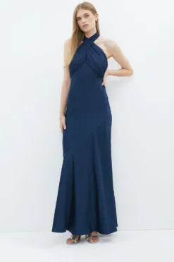 Coast Crinkle Chiffon Halter Top Satin Maxi Dress