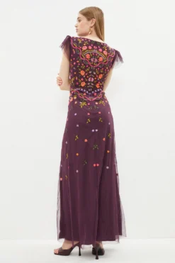 Coast Flutter Sleeve All Over Embroidered Maxi Dress -Coast Shop bcc02834 burgundy xl 2