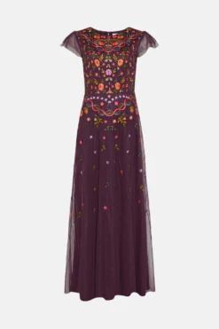 Coast Flutter Sleeve All Over Embroidered Maxi Dress -Coast Shop bcc02834 burgundy xl 3