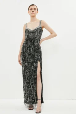 Coast Premium Drape Corset Fringe Embellished Maxi