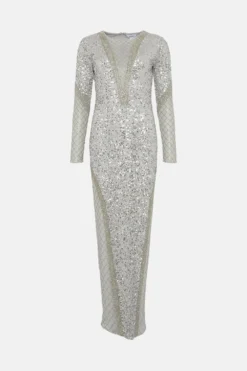 Coast Embellished Mesh Overlay V Neck Dress 8 Coast Embellished Mesh Overlay V Neck Dress -Coast Shop bcc03838 silver xl 3