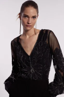 Coast Premium Velvet Applique Beaded Bodysuit