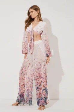 Coast Tie Detail Tropical Placement Print Blouson Sleeve Top -Coast Shop bcc04362 ivory xl 2