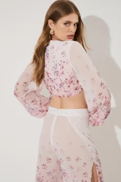 Coast Tie Detail Tropical Placement Print Blouson Sleeve Top -Coast Shop bcc04362 ivory xl 3