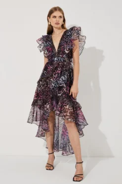 Coast Ruffle Shoulder Animal High Low Dress