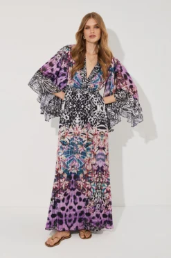 Coast Tropical Placement Print Mega Ruffle Sleeve Maxi Dress