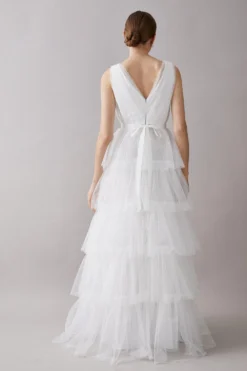 Coast V Neck Tiered Tie Waist Tulle Dress -Coast Shop bcc04448 ivory xl 2