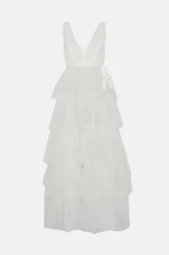 Coast V Neck Tiered Tie Waist Tulle Dress -Coast Shop bcc04448 ivory xl 3