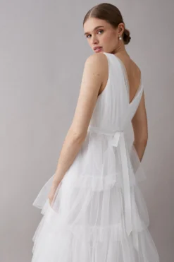 Coast V Neck Tiered Tie Waist Tulle Dress -Coast Shop bcc04448 ivory xl 4