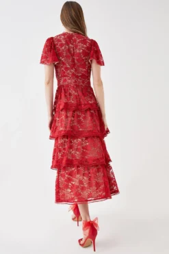 Coast Tiered Lace Dress With Flutter Sleeve & Trims -Coast Shop bcc04839 red xl 2