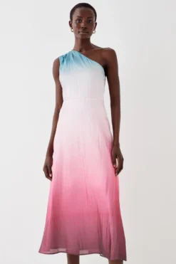 Coast One Shoulder Glossy Organza Ombre Midi Dress