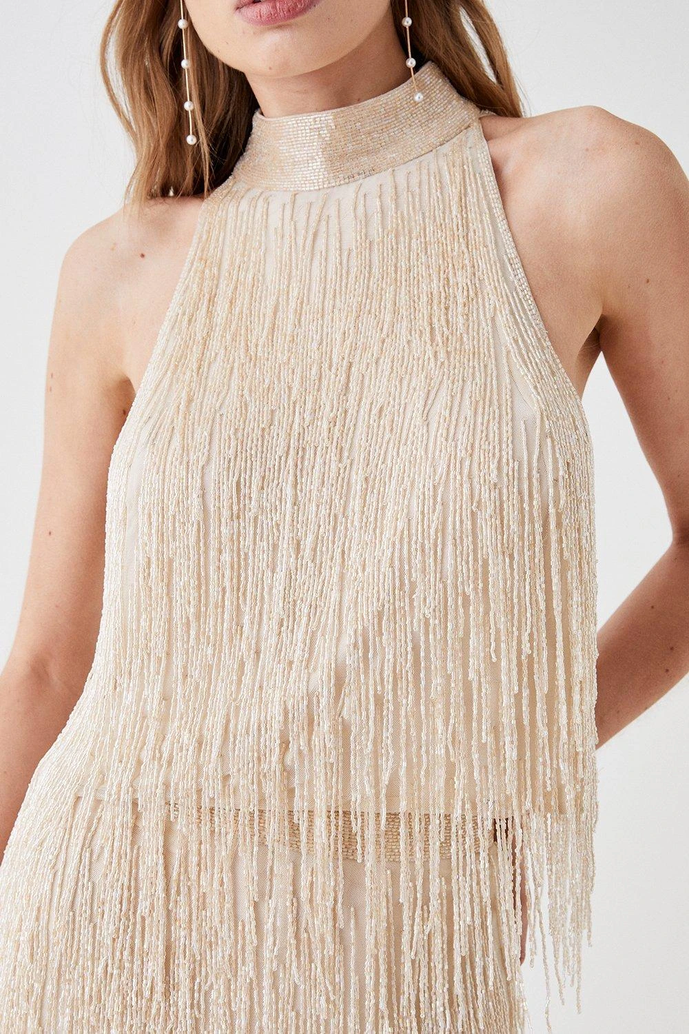 Coast High Neck Champagne Embellished Fringe Top 2 Coast High Neck Champagne Embellished Fringe Top - Image 2
