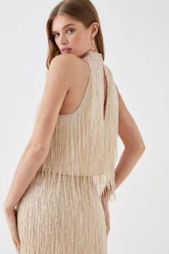 Coast High Neck Champagne Embellished Fringe Top 5 Coast High Neck Champagne Embellished Fringe Top -Coast Shop bcc05037 champagne xl 2