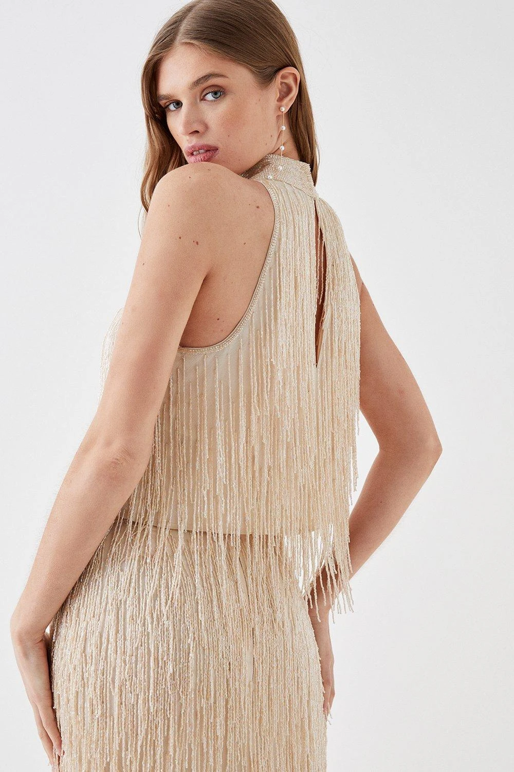 Coast High Neck Champagne Embellished Fringe Top 3 Coast High Neck Champagne Embellished Fringe Top - Image 3