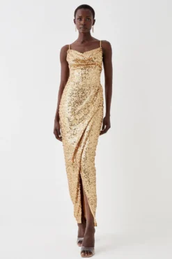 Coast Cowl Neck Sequin Maxi With Fishtail Hem