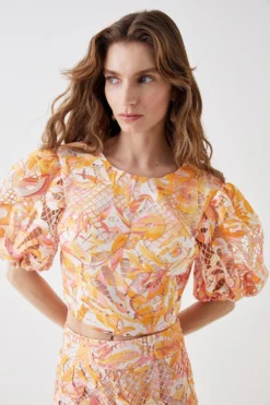 Coast Alexandra Farmer Printed Lace Blouson Sleeve Top -Coast Shop bcc05193 orange xl 2