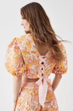 Coast Alexandra Farmer Printed Lace Blouson Sleeve Top -Coast Shop bcc05193 orange xl 3