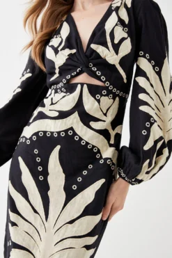 Coast Linen Twist Front Applique Embroidered Midi Dress -Coast Shop bcc05267 black xl 2