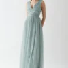 Coast V Neck Pleated Waistband Mesh Bridesmaids Dress