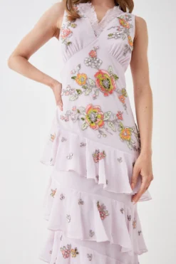 Coast Embellished Lace V Neck Frill Maxi Dress -Coast Shop bcc05446 pink xl 1