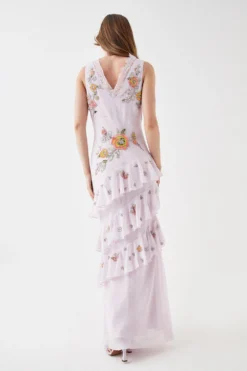 Coast Embellished Lace V Neck Frill Maxi Dress -Coast Shop bcc05446 pink xl 2