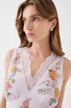 Coast Embellished Lace V Neck Frill Maxi Dress -Coast Shop bcc05446 pink xl 3