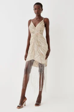 Coast Twist Front Hand Embellished Fringe Cami Dress -Coast Shop bcc05516 champagne xl 2