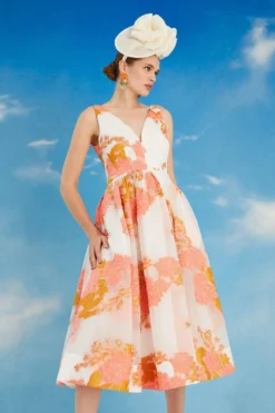 Coast Lisa Tan Plunge Neck Jacquard Dress -Coast Shop bcc05529 coral xl 3