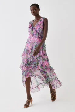 Coast Printed Metallic Ruffle Detail Wrap Dress