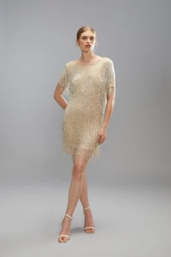 Coast Two Tone Beaded Fringe Short Sleeve Mini Dress