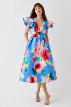 Coast Frill Shoulder Plunge Twill Dress