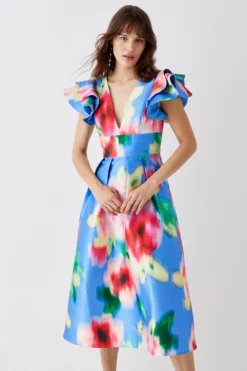 Coast Frill Shoulder Plunge Twill Dress -Coast Shop bcc05829 blue xl 2