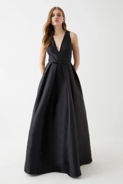 Coast Plunge Neck Bow Waist Maxi Dress With Pockets