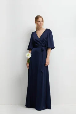 Coast Puff Sleeve Satin Wrap Bridesmaids Dress