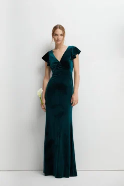 Coast V Neck Ruffle Sleeve Velvet Bridesmaids Dress