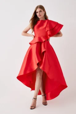 Coast Dip Hem Ruffle Shoulder Twill Full Midi Dress